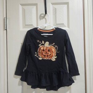 Spooky Night Girls Black Halloween Sequin Pumpkin Peplum Top Size 4T